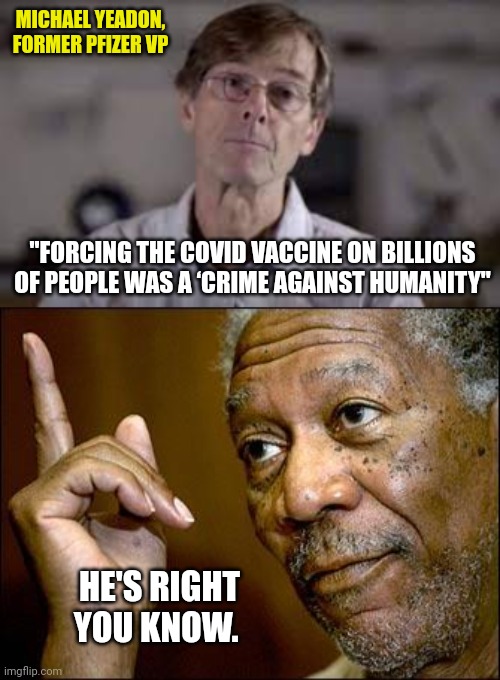 Don't forget about the crimes against humanity. | MICHAEL YEADON, FORMER PFIZER VP; "FORCING THE COVID VACCINE ON BILLIONS OF PEOPLE WAS A ‘CRIME AGAINST HUMANITY"; HE'S RIGHT YOU KNOW. | image tagged in this morgan freeman | made w/ Imgflip meme maker