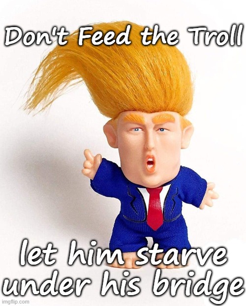 Don't feed the Trump Troll | Don't Feed the Troll; let him starve under his bridge | image tagged in trump troll doll - clothed,trump,republican,tucker,white supremacy,anti-semite and a racist | made w/ Imgflip meme maker