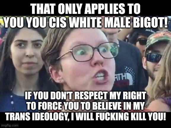 Angry sjw | THAT ONLY APPLIES TO YOU YOU CIS WHITE MALE BIGOT! IF YOU DON'T RESPECT MY RIGHT TO FORCE YOU TO BELIEVE IN MY TRANS IDEOLOGY, I WILL FUCKIN | image tagged in angry sjw | made w/ Imgflip meme maker