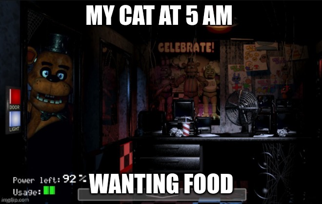 :) | MY CAT AT 5 AM; WANTING FOOD | image tagged in freddy peeking in | made w/ Imgflip meme maker