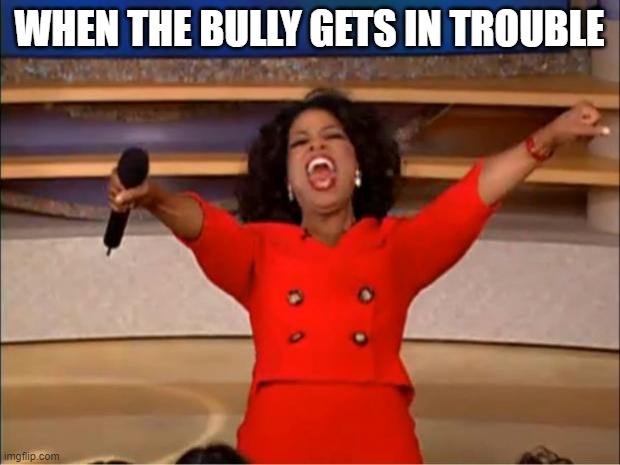 School bully gets in trouble |  WHEN THE BULLY GETS IN TROUBLE | image tagged in memes,oprah you get a | made w/ Imgflip meme maker