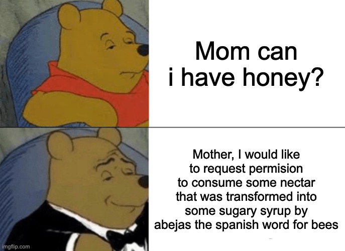 Can i have honey? | Mom can i have honey? Mother, I would like to request permision to consume some nectar that was transformed into some sugary syrup by abejas the spanish word for bees | image tagged in memes,tuxedo winnie the pooh,bees,funny | made w/ Imgflip meme maker