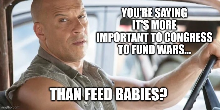 War is big business. Helping the American people not so much. | YOU'RE SAYING IT'S MORE IMPORTANT TO CONGRESS TO FUND WARS... THAN FEED BABIES? | image tagged in vin diesel | made w/ Imgflip meme maker