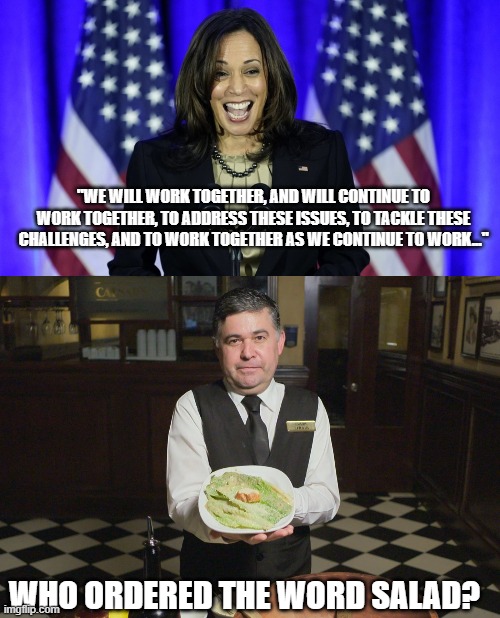 Word Salad | "WE WILL WORK TOGETHER, AND WILL CONTINUE TO WORK TOGETHER, TO ADDRESS THESE ISSUES, TO TACKLE THESE CHALLENGES, AND TO WORK TOGETHER AS WE CONTINUE TO WORK..."; WHO ORDERED THE WORD SALAD? | image tagged in kamala harris | made w/ Imgflip meme maker