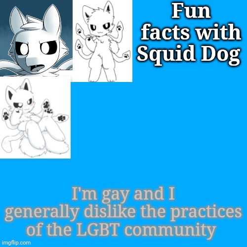 In shorter terms I'm gay and I'm NOT part of lgbt | I'm gay and I generally dislike the practices of the LGBT community | image tagged in fun facts with squid dog | made w/ Imgflip meme maker