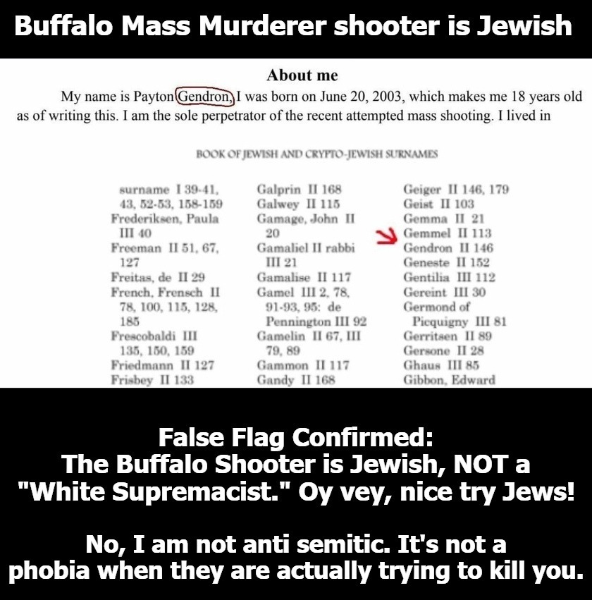 False Flag Confirmed: The Buffalo shooter is Jewish | image tagged in buffalo shooting,mass shooting,mass murderer,jewish guy,jewish nazis,ukraine nazis | made w/ Imgflip meme maker