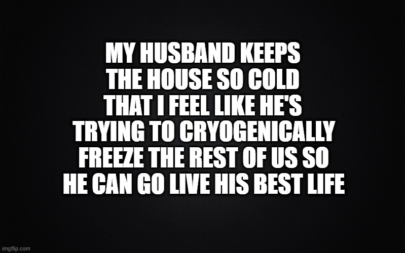 Solid Black Background | MY HUSBAND KEEPS THE HOUSE SO COLD THAT I FEEL LIKE HE'S; TRYING TO CRYOGENICALLY FREEZE THE REST OF US SO HE CAN GO LIVE HIS BEST LIFE | image tagged in solid black background,air conditioner | made w/ Imgflip meme maker