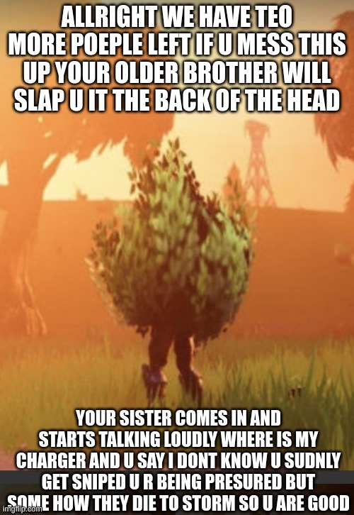 Fortnite bush | ALLRIGHT WE HAVE TEO MORE POEPLE LEFT IF U MESS THIS UP YOUR OLDER BROTHER WILL SLAP U IT THE BACK OF THE HEAD; YOUR SISTER COMES IN AND STARTS TALKING LOUDLY WHERE IS MY CHARGER AND U SAY I DONT KNOW U SUDNLY GET SNIPED U R BEING PRESURED BUT SOME HOW THEY DIE TO STORM SO U ARE GOOD | image tagged in fortnite bush | made w/ Imgflip meme maker