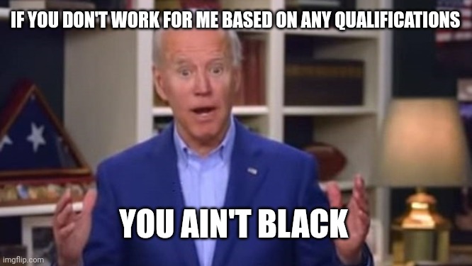 Joe Biden You Ain't Black | IF YOU DON'T WORK FOR ME BASED ON ANY QUALIFICATIONS; YOU AIN'T BLACK | image tagged in joe biden you ain't black | made w/ Imgflip meme maker