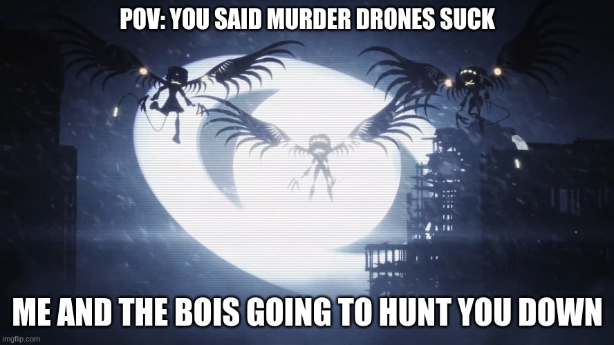 Disassembly Drones | POV: YOU SAID MURDER DRONES SUCK; ME AND THE BOIS GOING TO HUNT YOU DOWN | image tagged in disassembly drones | made w/ Imgflip meme maker