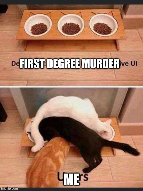 Cat feeding frenzy | FIRST DEGREE MURDER; ME | image tagged in cat feeding frenzy | made w/ Imgflip meme maker