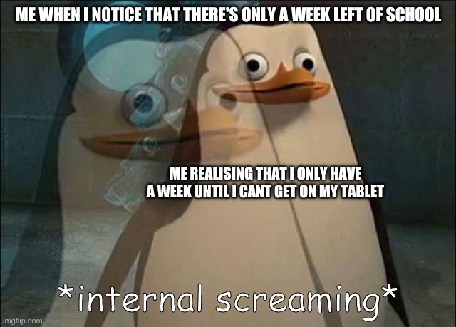 Private Internal Screaming | ME WHEN I NOTICE THAT THERE'S ONLY A WEEK LEFT OF SCHOOL; ME REALISING THAT I ONLY HAVE A WEEK UNTIL I CANT GET ON MY TABLET | image tagged in private internal screaming | made w/ Imgflip meme maker