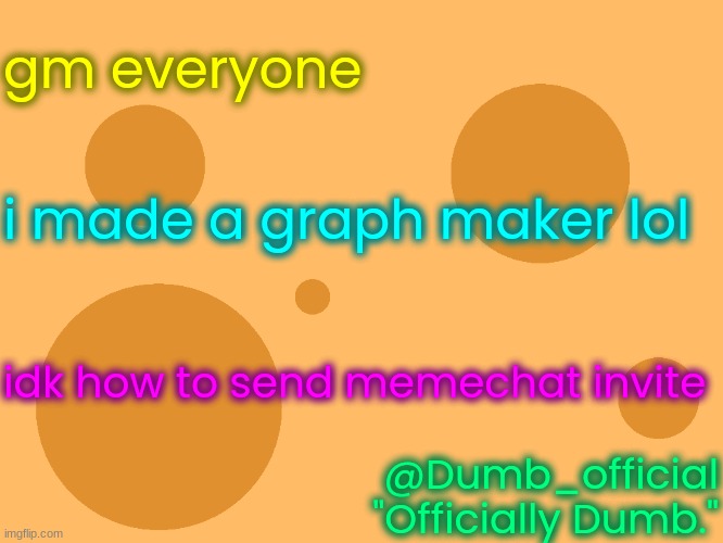 please someone tell me how to send memechat invite | gm everyone; i made a graph maker lol; idk how to send memechat invite; @Dumb_official
"Officially Dumb." | image tagged in no_watermark | made w/ Imgflip meme maker