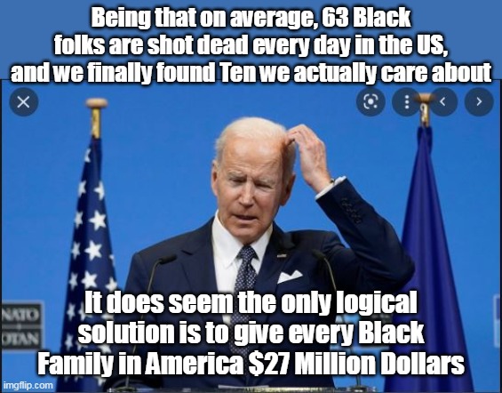 Between Dead Babies and Buffalo,it MIGHT save my sorry ass in Nov ! | Being that on average, 63 Black folks are shot dead every day in the US, and we finally found Ten we actually care about; It does seem the only logical solution is to give every Black Family in America $27 Million Dollars | image tagged in memes,mass shooting,buffalo,cognitive dissonance,joe biden | made w/ Imgflip meme maker