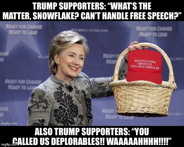 #BringBackDeplorables | TRUMP SUPPORTERS: “WHAT’S THE MATTER, SNOWFLAKE? CAN’T HANDLE FREE SPEECH?”; ALSO TRUMP SUPPORTERS: “YOU CALLED US DEPLORABLES!! WAAAAAHHHH!!!!” | image tagged in hillary clinton maga basket of deplorables,maga,basket of deplorables,conservative hypocrisy,free speech,insults | made w/ Imgflip meme maker