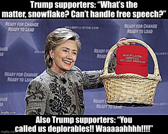 The Deplorables!! | Trump supporters: “What’s the matter, snowflake? Can’t handle free speech?”; Also Trump supporters: “You called us deplorables!! Waaaaahhhh!!!!” | image tagged in hillary clinton maga basket of deplorables | made w/ Imgflip meme maker