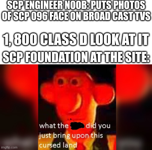oh well you AHHHHHHH | SCP ENGINEER NOOB: PUTS PHOTOS OF SCP 096 FACE ON BROAD CAST TVS; 1, 800 CLASS D LOOK AT IT; SCP FOUNDATION AT THE SITE: | image tagged in scp,scp 096 | made w/ Imgflip meme maker