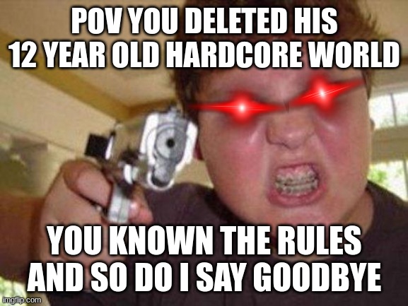 minecrafter | POV YOU DELETED HIS 12 YEAR OLD HARDCORE WORLD; YOU KNOWN THE RULES AND SO DO I SAY GOODBYE | image tagged in minecrafter | made w/ Imgflip meme maker