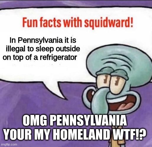 Comment a state and ill tell you a fun fact about it | In Pennsylvania it is illegal to sleep outside on top of a refrigerator; OMG PENNSYLVANIA 
YOUR MY HOMELAND WTF!? | image tagged in fun facts with squidward | made w/ Imgflip meme maker