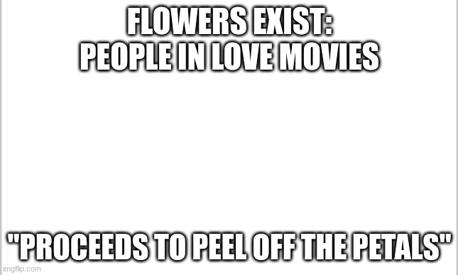 I have no clue what template this would work on but whatever, this probably will not get popular. | FLOWERS EXIST:
PEOPLE IN LOVE MOVIES; "PROCEEDS TO PEEL OFF THE PETALS" | image tagged in white background | made w/ Imgflip meme maker