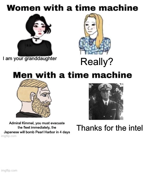 Time machine meme template | I am your granddaughter; Really? Admiral Kimmel, you must evacuate the fleet immediately, the Japanese will bomb Pearl Harbor in 4 days; Thanks for the intel | image tagged in women with a time machine | made w/ Imgflip meme maker