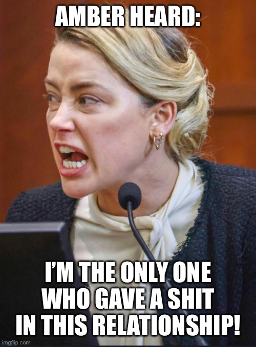AMBER HEARD:; I’M THE ONLY ONE WHO GAVE A SHIT IN THIS RELATIONSHIP! | image tagged in amber heard,johnny depp | made w/ Imgflip meme maker