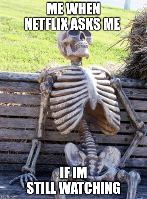 Waiting Skeleton | ME WHEN NETFLIX ASKS ME; IF IM STILL WATCHING | image tagged in memes,waiting skeleton | made w/ Imgflip meme maker