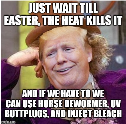 JUST WAIT TILL EASTER, THE HEAT KILLS IT AND IF WE HAVE TO WE CAN USE HORSE DEWORMER, UV BUTTPLUGS, AND INJECT BLEACH | image tagged in wonka trump | made w/ Imgflip meme maker
