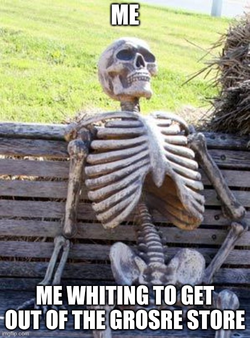 welp... | ME; ME WHITING TO GET OUT OF THE GROSRE STORE | image tagged in memes,waiting skeleton | made w/ Imgflip meme maker