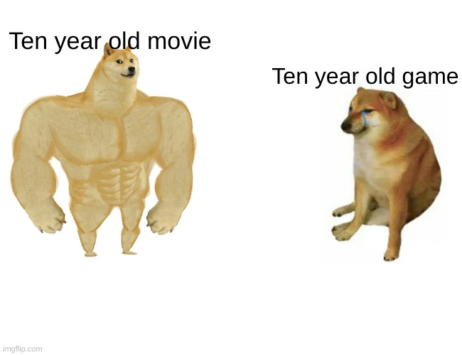 Buff Doge vs. Cheems | Ten year old movie; Ten year old game | image tagged in memes,buff doge vs cheems | made w/ Imgflip meme maker