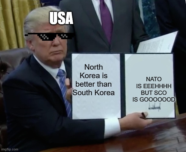 Trump Bill Signing | USA; North Korea is better than South Korea; NATO IS EEEHHHH BUT SCO IS GOOOOOOD | image tagged in memes,trump bill signing | made w/ Imgflip meme maker