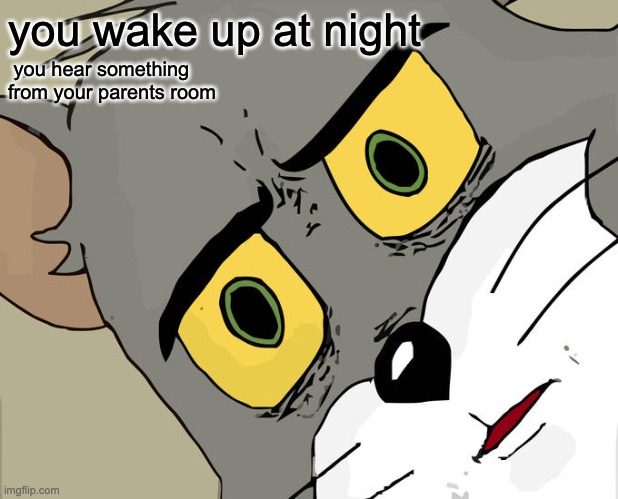 Unsettled Tom | you wake up at night; you hear something from your parents room | image tagged in memes,unsettled tom | made w/ Imgflip meme maker