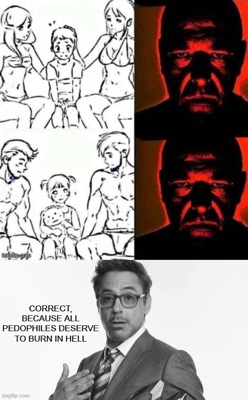 CORRECT, BECAUSE ALL PEDOPHILES DESERVE TO BURN IN HELL | image tagged in robert downey jr's comments | made w/ Imgflip meme maker