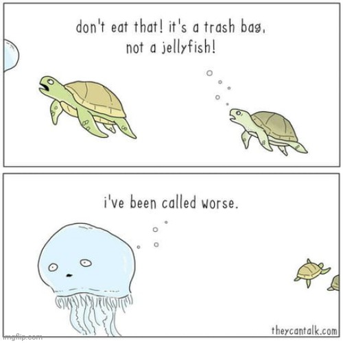 TRASH BAG | image tagged in comics,comics/cartoons,comic,jellyfish,trash,turtles | made w/ Imgflip meme maker