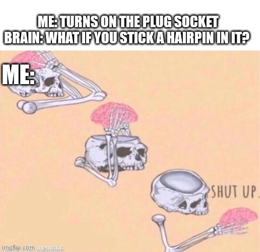 Creative title loading | ME: TURNS ON THE PLUG SOCKET
BRAIN: WHAT IF YOU STICK A HAIRPIN IN IT? ME: | image tagged in skeleton shut up | made w/ Imgflip meme maker