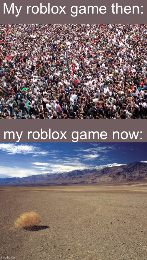 I will link it in comments, my game used to be really popular but it died FAST af | My roblox game then:; my roblox game now: | image tagged in crowd of people,desert tumbleweed | made w/ Imgflip meme maker