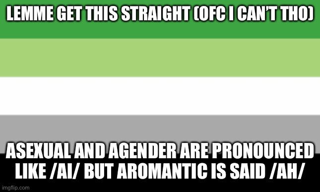 Aromantic Flag |  LEMME GET THIS STRAIGHT (OFC I CAN’T THO); ASEXUAL AND AGENDER ARE PRONOUNCED LIKE /AI/ BUT AROMANTIC IS SAID /AH/ | image tagged in aromantic flag | made w/ Imgflip meme maker
