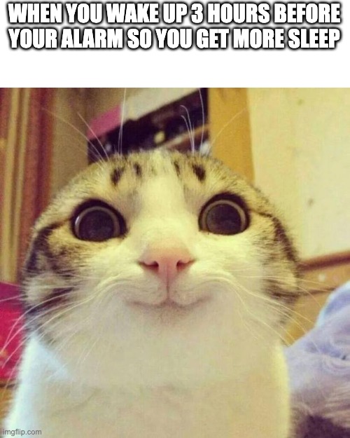 relatable? | WHEN YOU WAKE UP 3 HOURS BEFORE YOUR ALARM SO YOU GET MORE SLEEP | image tagged in memes,smiling cat,relatable | made w/ Imgflip meme maker