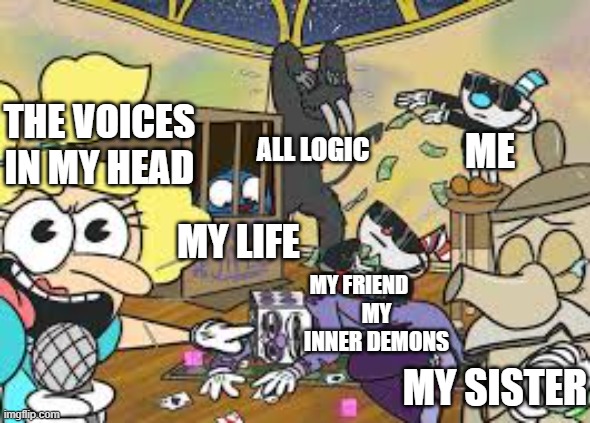 game night in my house hold | THE VOICES IN MY HEAD; ALL LOGIC; ME; MY LIFE; MY FRIEND; MY INNER DEMONS; MY SISTER | image tagged in cuphead,game night,monopoly | made w/ Imgflip meme maker