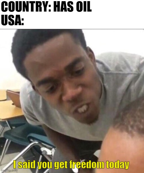 If I die, I didn't commit suicide | COUNTRY: HAS OIL
USA:; I said you get freedom today | image tagged in i said we sad today | made w/ Imgflip meme maker