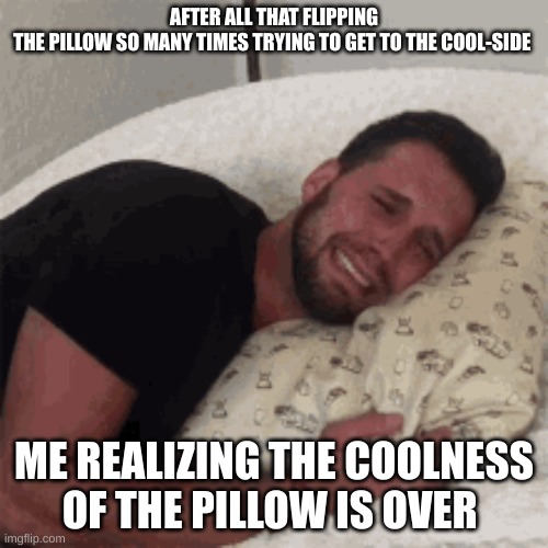 THATS TOUGH | AFTER ALL THAT FLIPPING THE PILLOW SO MANY TIMES TRYING TO GET TO THE COOL-SIDE; ME REALIZING THE COOLNESS OF THE PILLOW IS OVER | image tagged in memes | made w/ Imgflip meme maker