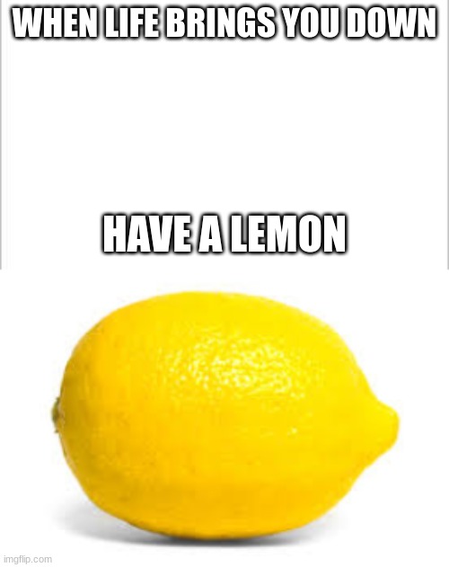 WHEN LIFE BRINGS YOU DOWN; HAVE A LEMON | image tagged in white background,when life gives you lemons x | made w/ Imgflip meme maker