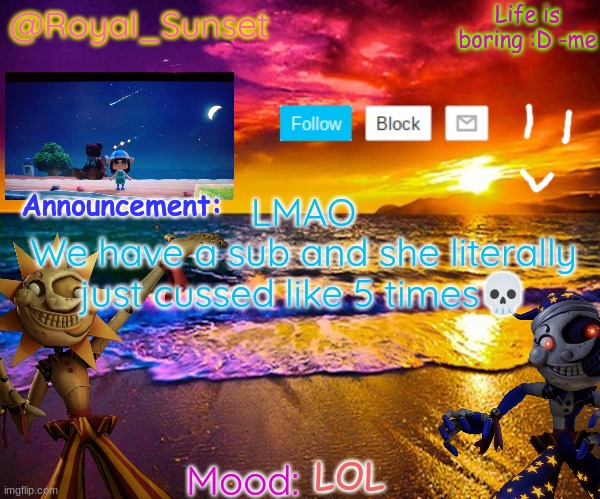 My class is wheezing | LMAO
We have a sub and she literally just cussed like 5 times💀; LOL | image tagged in royal_sunset's announcement temp sunrise_royal | made w/ Imgflip meme maker