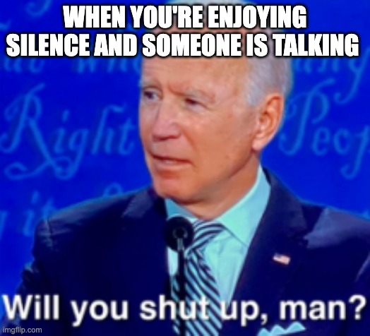 will you shut up man |  WHEN YOU'RE ENJOYING SILENCE AND SOMEONE IS TALKING | image tagged in will you shut up man | made w/ Imgflip meme maker