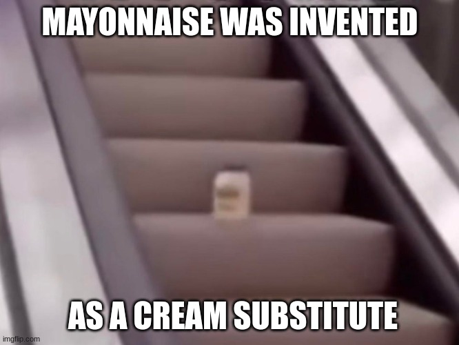 may, the month of onnaise | MAYONNAISE WAS INVENTED; AS A CREAM SUBSTITUTE | image tagged in mayonnaise on an escalator | made w/ Imgflip meme maker