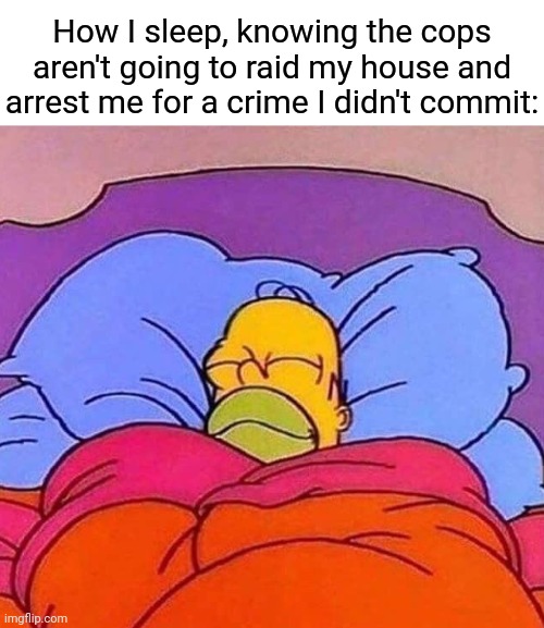 COPS |  How I sleep, knowing the cops aren't going to raid my house and arrest me for a crime I didn't commit: | image tagged in homer simpson sleeping peacefully,cops,funny,memes,blank white template,meme | made w/ Imgflip meme maker