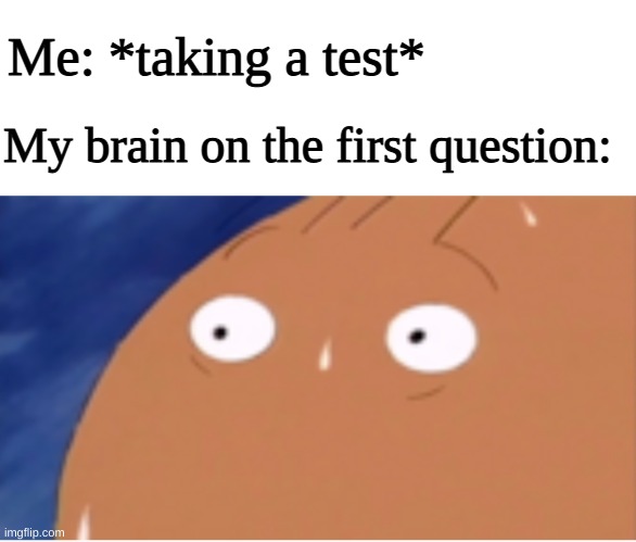 Brain Sweating |  Me: *taking a test*; My brain on the first question: | image tagged in brain sweating,memes,funny,oh wow are you actually reading these tags,barney will eat all of your delectable biscuits,math | made w/ Imgflip meme maker