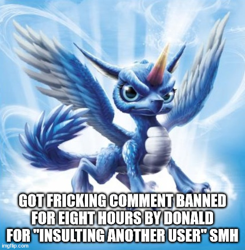 I don't even fricking care lmao. | GOT FRICKING COMMENT BANNED FOR EIGHT HOURS BY DONALD FOR "INSULTING ANOTHER USER" SMH | image tagged in skylanders whirlwind,memes | made w/ Imgflip meme maker