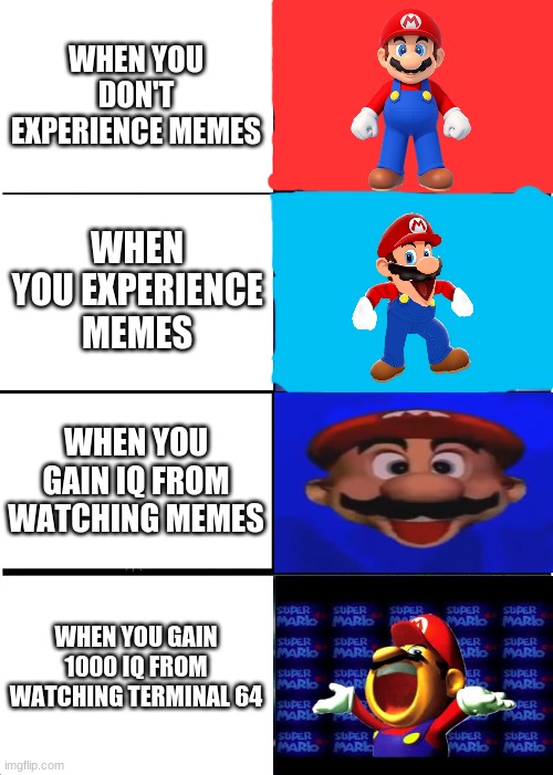 MARIO (Remake) | WHEN YOU DON'T EXPERIENCE MEMES; WHEN YOU EXPERIENCE MEMES; WHEN YOU GAIN IQ FROM WATCHING MEMES; WHEN YOU GAIN 1000 IQ FROM WATCHING TERMINAL 64 | image tagged in memes,expanding brain,mario | made w/ Imgflip meme maker