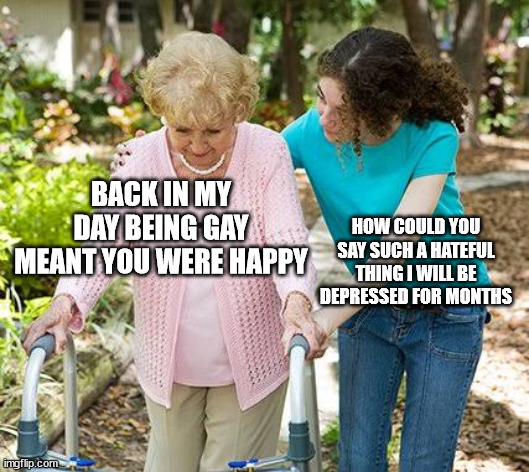 Make Gays Gay again | BACK IN MY DAY BEING GAY MEANT YOU WERE HAPPY; HOW COULD YOU SAY SUCH A HATEFUL THING I WILL BE DEPRESSED FOR MONTHS | image tagged in sure grandma let's get you to bed,happiness noise,gay,gay pride,homophobic | made w/ Imgflip meme maker